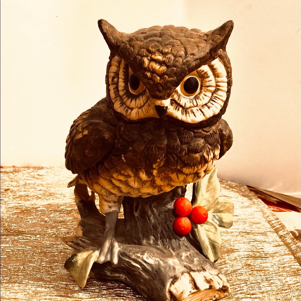 Josef Originals Brown Tawny Owl displayed on Tree Branch with Holly